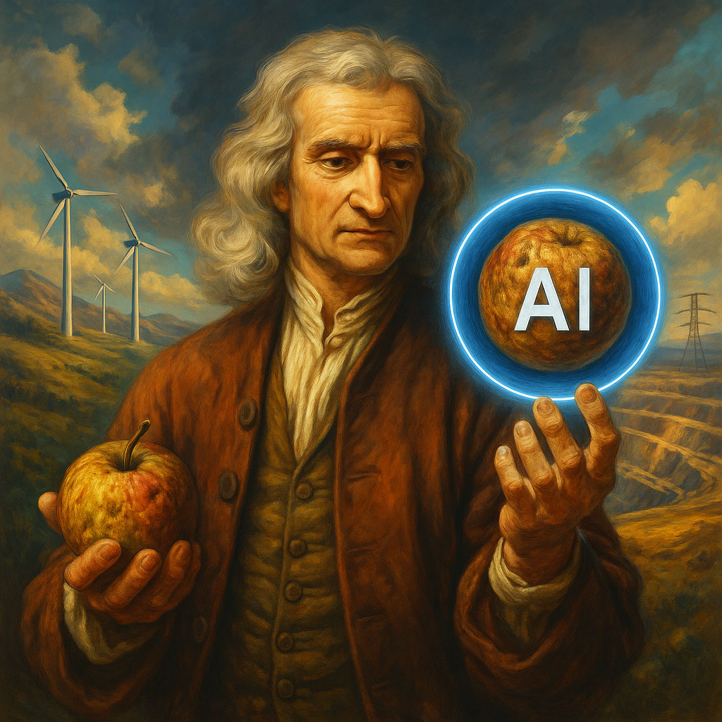 AI AI-generated image of Isaac Newton holding up an apple with the word AI inscribed on it.