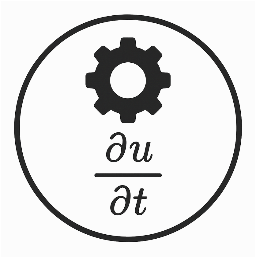 Black-and-white circular icon with a gear symbol at the top and the partial derivative expression &part;u/&part;t centered below it. Black-and-white circular icon with a gear symbol at the top and the partial derivative expression &part;u/&part;t centered below it.
