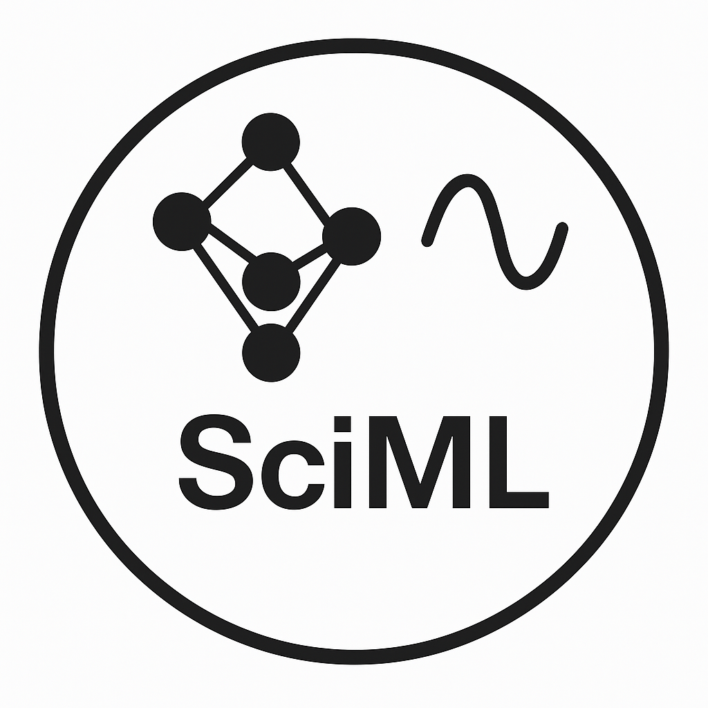 Black-and-white circular icon showing a neural-network&ndash;style node diagram on the left and a wavy signal line on the right, with the label &lsquo;SciML&rsquo; centered below them. Black-and-white circular icon showing a neural-network&ndash;style node diagram on the left and a wavy signal line on the right, with the label &lsquo;SciML&rsquo; centered below them.